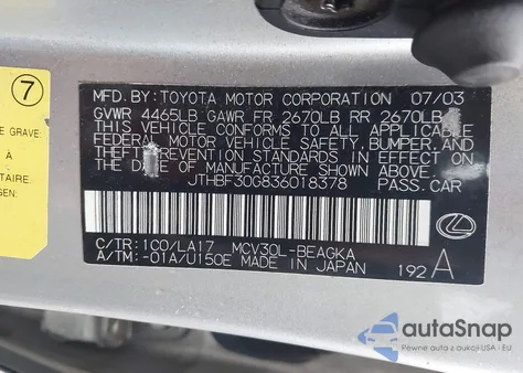 2003 Lexus Es 300 z USA, uszkodzony, nr VIN JTHBF30G836018378